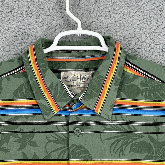Salt Life Men's XL Hawaiian Tropical Green Button Up Striped Multicolor Floral - Picture 3 of 10